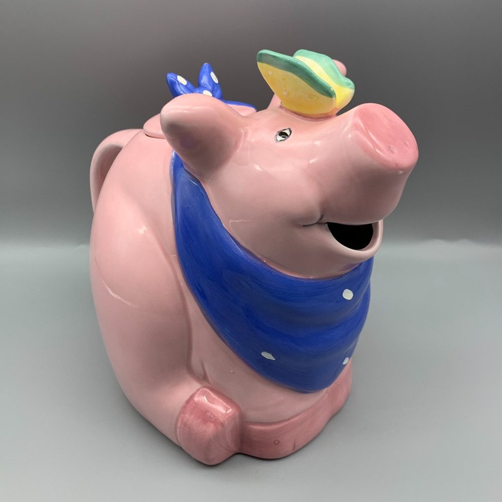 Vintage Coco Dowley Ceramic Pink Pig with Butterfly Teapot Pitcher